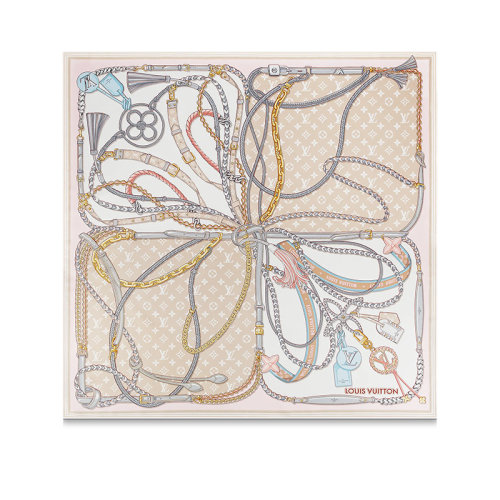 Louis Vuitton/路易威登 22年秋冬新款 MIX AND STRAPS 90系列 女士米色桑蠶絲飾帶和鏈條圖案方巾絲巾M77664