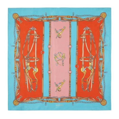  GUCCI古馳 22年秋冬 女士 飾雙G馬具印花圍巾 712443 3G001 4972