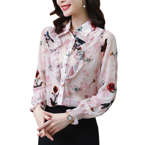 GeleiStory/GeleiStory 春季新款襯衫女裝翻領松緊荷葉邊植絨蕾絲設計感小眾顯瘦上衣  女裝＞女士襯衫＞女士長袖襯衫