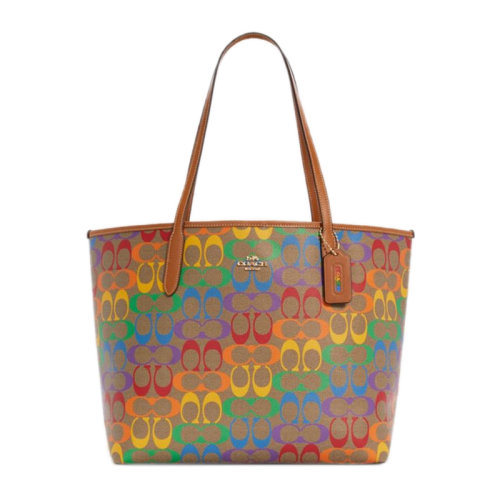 COACH/蔻馳 女士卡其色PVC配皮經(jīng)典雙C彩虹字母徽標(biāo)印花裝飾按扣開(kāi)合單肩包手提包托特包購(gòu)物包女包 C4181IMMU4