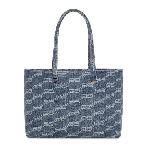 預(yù)售兩至三周 Balenciaga/巴黎世家 22新款East-West系列 女士中號(hào)藍(lán)色BB老花印花做舊效果牛仔布銀扣單肩手提托特包702698210E54716