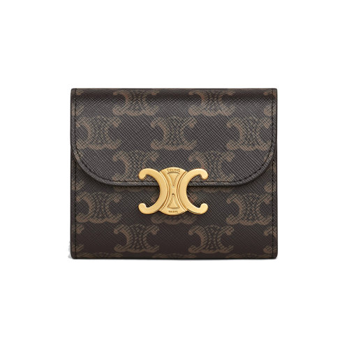 CELINE/賽琳 22新款 TRIOMPHE系列 女士棕褐色老花帆布金色金屬搭扣翻蓋開合錢包10D782CQH.04LU