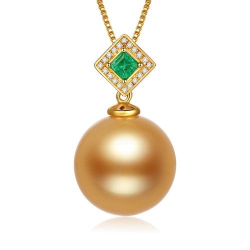 SANDYRILLA/仙蒂瑞拉祖母綠款13-14mm正圓南洋金珍珠18K金鉆石吊墜