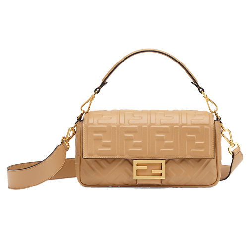 FENDI/芬迪   米色小羊皮納帕皮FF浮雕圖案和FF搭扣斜挎單肩包8BR600A72VF1BZ2