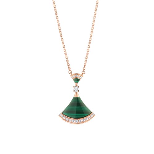 BVLGARI/寶格麗 DIVAS'DREAM經(jīng)典款孔雀石18K金玫瑰金鑲鉆 小扇子項(xiàng)鏈 351143