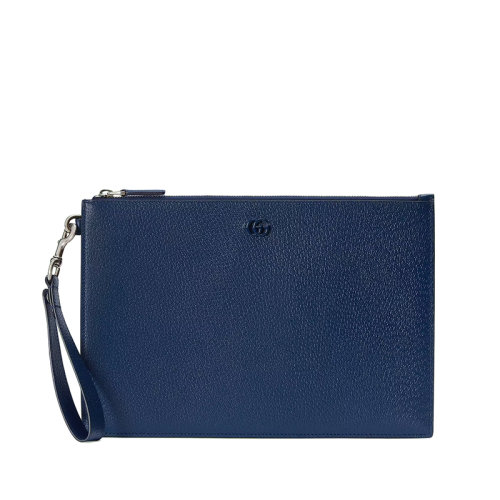 GUCCI/古馳 22春夏新款GG Marmont系列 男士寶藍(lán)色皮革同色調(diào)樹(shù)脂配件拉鏈開(kāi)合手拿包4753171T56F4236