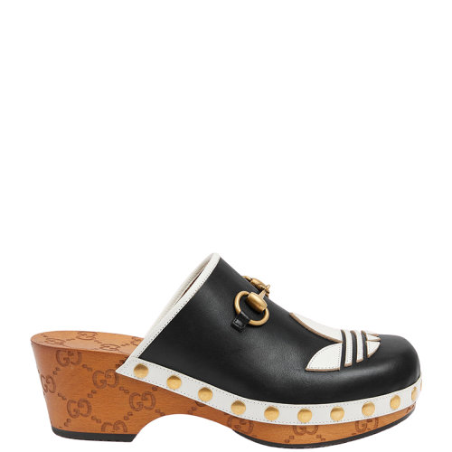 GUCCI/古馳 22年秋冬新款 adidas聯(lián)名系列 女士黑色/米白色皮革馬銜扣木底涼鞋拖鞋702218DTNP01060