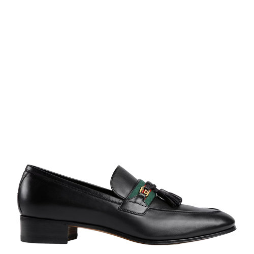 GUCCI/古馳      男士黑色光面皮革飾織帶流蘇互扣雙G樂福鞋6247201W6101066