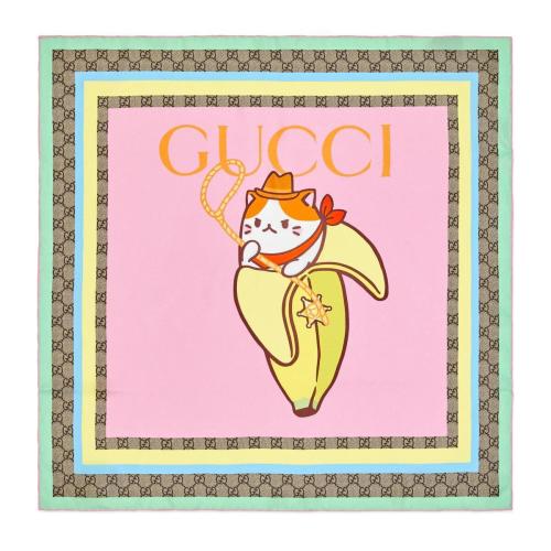  GUCCI古馳 22年秋冬 女士 Gucci和Bananya印花真絲圍巾 704131 3G001 5900