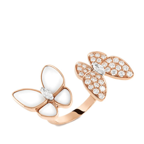 Van Cleef & Arpels/梵克雅寶 經(jīng)典Deux Papillons系列 18K金玫瑰金鑲鉆白珍珠母貝雙蝴蝶開口戒指指環(huán)VCARO7AL00