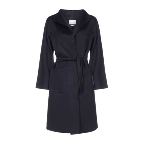 MaxMara/麥絲瑪拉 女士藍(lán)色羊絨束帶翻領(lǐng)長袖上衣大衣風(fēng)衣外套 10160819600-008