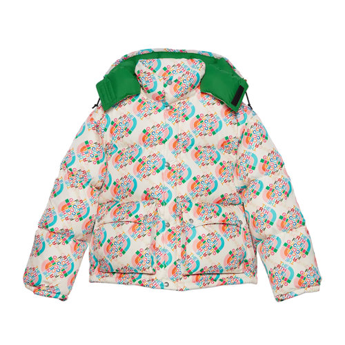 GUCCI/古馳 22秋冬款 The North Face聯(lián)名系列 女士多色聚酰胺飾有象牙色尼龍搭配多色印花LOGO圖案可拆卸風(fēng)帽拉鏈開合羽絨服外套?672457XAAET9486