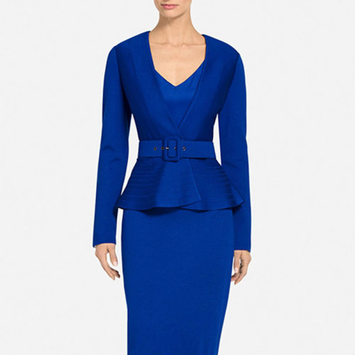 St.John/盛薔寶藍色針織荷葉邊宴會短款女士夾克外套K6101N1