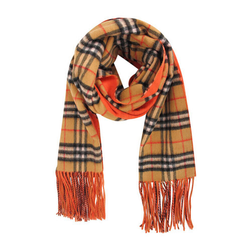 BURBERRY/博柏利 女士橘黃色羊絨格紋流蘇經(jīng)典復(fù)古圍巾圍脖披肩8004553