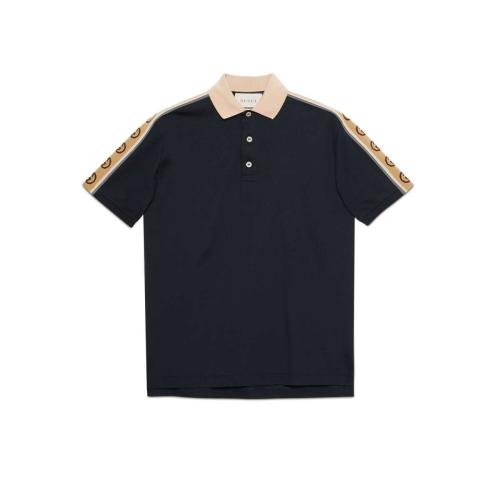  GUCCI古馳 22年秋冬 男士 飾互扣式雙G條紋棉質(zhì)Polo衫 598949 XJB0Q 4685