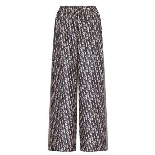 DIOR/迪奧 海軍藍(lán)色和米白色桑蠶絲斜紋面料 Oblique 印花 女士闊腿褲121P23A6608_X5803