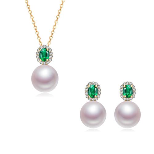 zhuella/珠艾樂18k金粉白黛綠日本akoya海水珍珠吊墜+耳環(huán)套裝