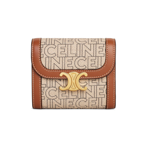 CELINE/賽琳 23春夏新款 女士自然色/棕褐色織物配皮通體印花小牛皮飾邊金色金屬搭扣翻蓋按扣開合錢包10D782ES1.02NT