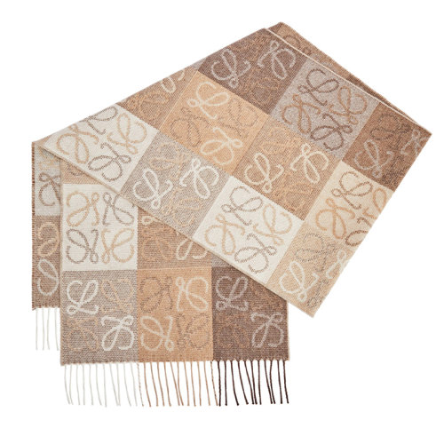 LOEWE/羅意威新款 ANAGRAM系列 女士白色/米色羊絨羊毛雙色棋盤格流蘇圍巾0010478238