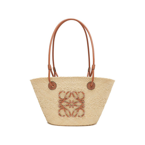 LOEWE/羅意威 女士棕櫚纖維/牛皮革Basket手提單肩包編織包菜籃子Anagram圖案小號 A223P65X01