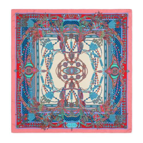  GUCCI古馳 22年秋冬 女士 流蘇和鏈條印花真絲圍巾 647481 3G001 5874