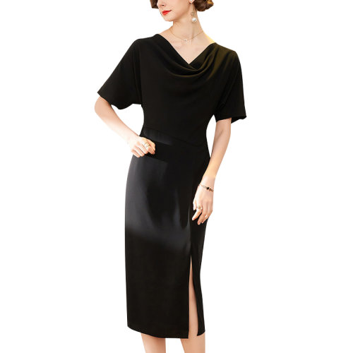 GeleiStory/GeleiStory  春夏新款女裝氣質(zhì)通勤風(fēng)V領(lǐng)收腰系帶修身純色開叉中長小黑連衣裙  女裝＞女士裙裝＞女士連衣裙