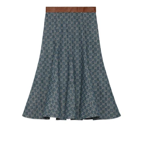  GUCCI古馳 22年秋冬 女士 皮革滾邊GG牛仔半身裙 678803 XDBS8 4384
