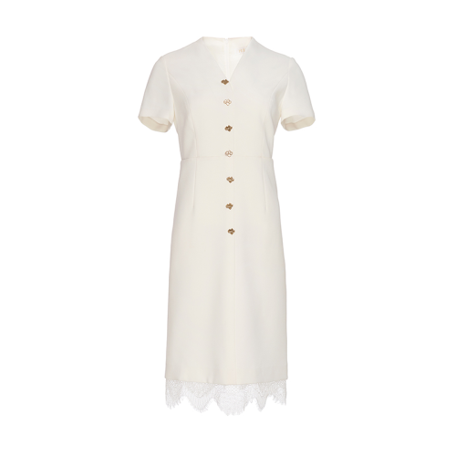 HUI/卉 女士連衣裙2020秋季新品茶白色連衣裙深V領(lǐng)排扣設(shè)計中長裙