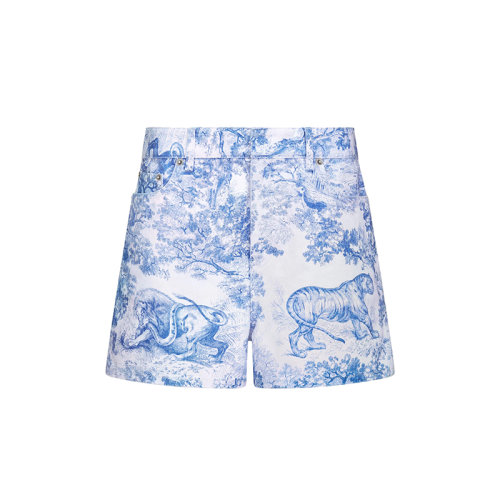 DIOR/迪奧 DIORIVIERA系列 22年秋冬新款 女士矢車菊藍色純棉牛仔布茹伊印花圖案短褲242P26A3526_X5881