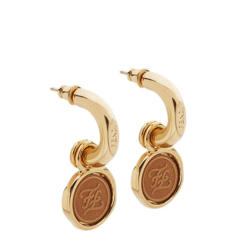 FENDI/芬迪  KARLIGRAPHY系列 金色金屬棕色皮革細(xì)節(jié)Karligraphy FF印章垂墜耳環(huán)8AH340AGQCF1FMU