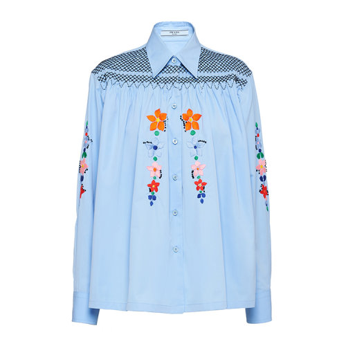 PRADA/普拉達(dá) 淺藍(lán)色 女士秀款花卉刺繡長(zhǎng)袖襯衫