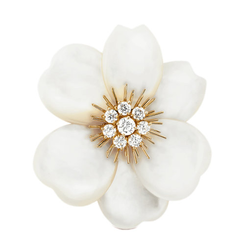 Van Cleef & Arpels/梵克雅寶 經(jīng)典Rose de No?l系列 18k金黃金白色珍珠母貝鑲嵌鉆石大號(hào)玫瑰胸針VCARA53800