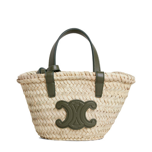 CELINE/賽琳 22新款PANIER TRIOMPHE系列 女士迷你款卡其綠色牛皮革棕櫚葉編織單肩手提籃包10J392EH6.15KH