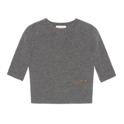 GUCCI/古馳 女士?灰色馬銜扣羊絨圓領(lǐng)短袖上衣628389XKBH91037