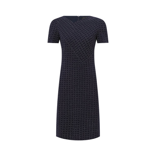 St. John/盛薔藏藍(lán)色格紋針織斜V領(lǐng)修身短袖女士連衣裙K11X021