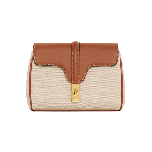 CELINE/賽琳 23春夏新款 女士迷你自然色/棕褐色織物配皮金色金屬紐扣調(diào)節(jié)拆卸皮革肩帶單肩斜挎包10L352ERI.02NT