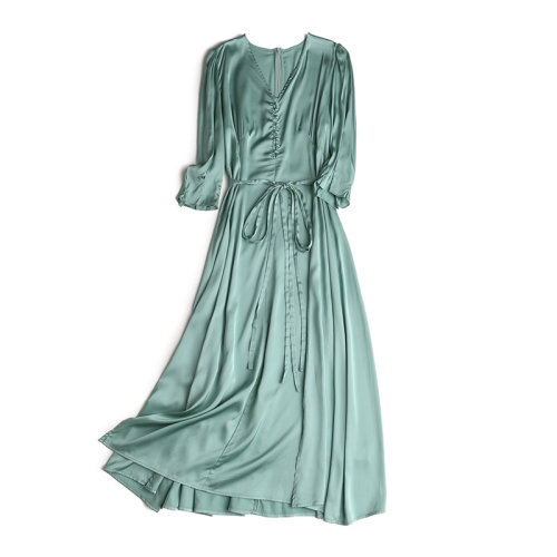 GeleiStory/GeleiStory春夏女裝新款舒適百搭裙子系帶收腰純色仿醋酸連衣裙女 女裝＞女士裙裝＞女士連衣裙