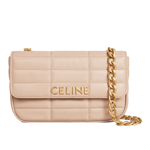 CELINE/賽琳 22新款MATELASSE MONOCHROME系列 女士裸粉色絎縫羊皮革徽標(biāo)金扣單肩斜跨鏈條包111273EPZ.03ND