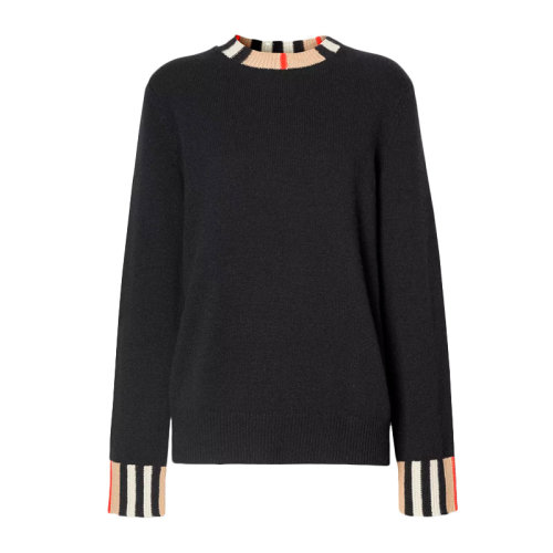 Burberry/博柏利  女裝 服飾 黑色羊絨潮流豎條袖口圖案女士針織衫毛衣 8008939