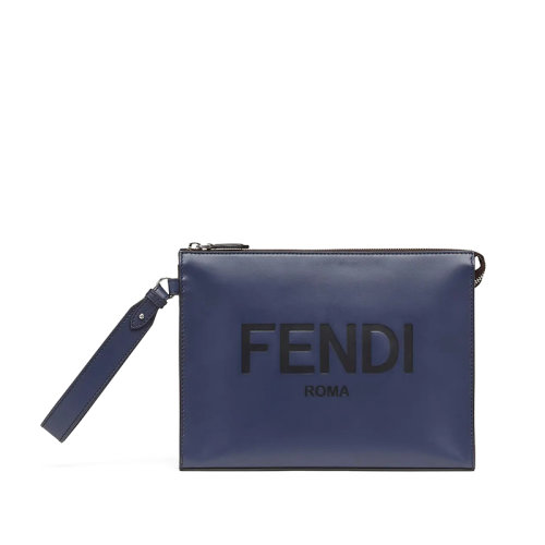 FENDI/芬迪  男士藍(lán)色皮革拉鏈開合銀色飾面金屬件配可拆式手鏈?zhǔn)绞直帜冒?VA491AC9LF18YJ