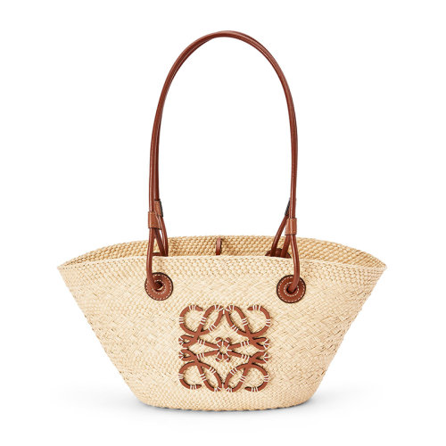 LOEWE/羅意威  Anagram系列 女士自然色/棕褐色I(xiàn)raca棕櫚小牛皮Anagram印花籃子手提斜挎袋0010562445