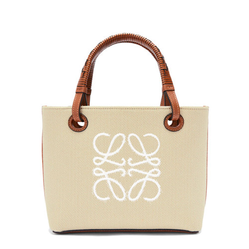 LOEWE/羅意威 22春夏新款Anagram Tote系列 女士迷你米色織物棕褐色小牛皮手柄手提托特包A717S74X01-2426