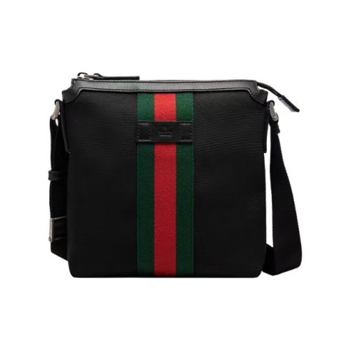 GUCCI|古馳 紅綠條紋織帶 皮革徽標(biāo) 帆布拼皮 郵差包 單肩斜挎包 男款 黑色