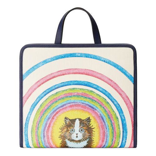 GUCCI/古馳  兒童款白色GGSupreme帆布深藍(lán)色飾邊貓咪彩虹印花手提托特包605614USKBN9194