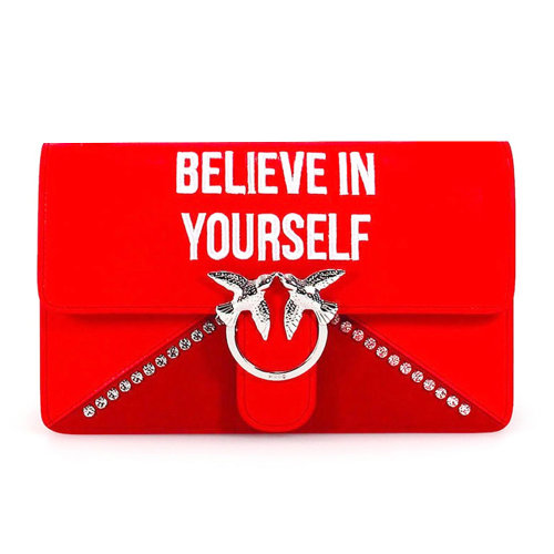 Pinko品高  LOVE STRONG 女士純皮時(shí)尚單肩斜挎鏈條燕子包 紅色