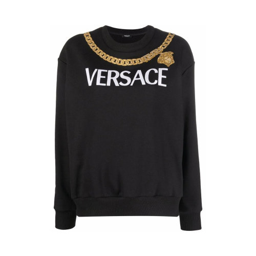 VERSACE/范思哲 女士黑色棉質(zhì)徽標(biāo)印花裝飾圓領(lǐng)長袖上衣衛(wèi)衣 1004131-1A01174-1B000