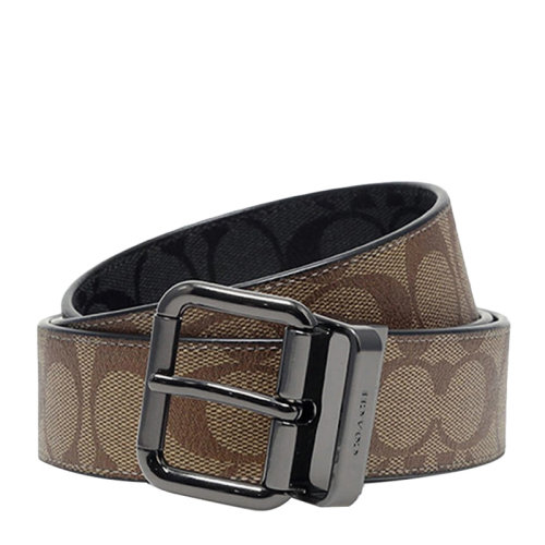 COACH/蔻馳 男士棕色涂層帆布配皮經(jīng)典雙C字母徽標(biāo)印花裝飾針扣型皮帶腰帶 F5951QBRMO