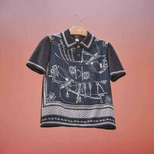  HERMES愛馬仕 22年秋冬 女士 短袖襯衫 Pull Inspiration Polo twillaine imprime ??Harnais