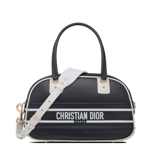 DIOR/迪奧 22春夏新款VIBE系列 女士中號(hào)藍(lán)色/白色光滑牛皮革金扣拉鏈開(kāi)合單肩手提保齡球包M6204OOBR_M928