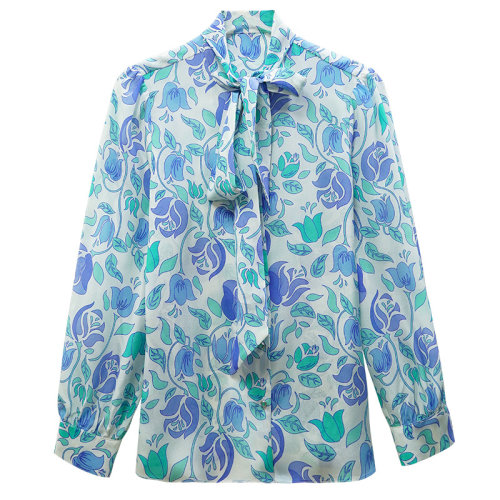 GeleiStory/GeleiStory 春夏新款飄帶薄款垂感長(zhǎng)袖桑蠶絲上衣真絲襯衫女印花  女裝＞女士襯衫＞女士長(zhǎng)袖襯衫